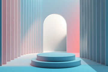 A blue and pink room with a white archway