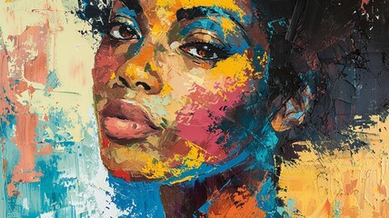 Celebrate the essence of American History Month with an abstract portrait of an American woman, where iconic American landmarks inspire a vibrant palette of Pan-American colors in every brushstroke.