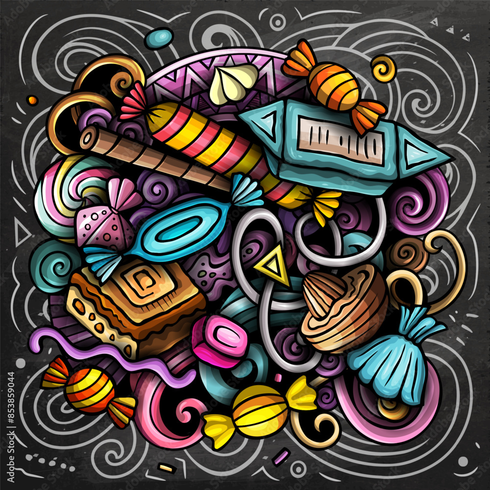 Wall mural Candies cartoon vector doodles illustration. Sweet food design. Confection elements and objects background. Bright colors funny picture. All items are separated