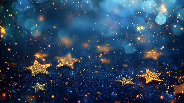A background of golden stars on a dark blue with glitter and sparkle effects. atmosphere suitable for festive or special events like New Year's Eve, Christmas, Easter, wedding skies.