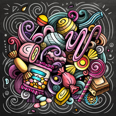 Candies cartoon vector doodles illustration. Sweet food design. Confection elements and objects background. Bright colors funny picture. All items are separated