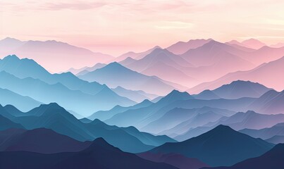 Obraz premium Serene layered mountain landscape in pastel colors during sunrise. Stunning natural scenery evoking tranquility and peacefulness.