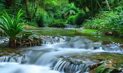Serene tropical stream with lush green vegetation and gentle flowing water, perfect for nature and landscape photography.
