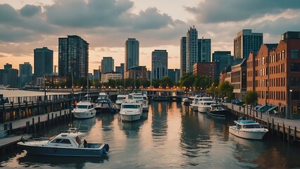 Obraz premium City skyline and harbor at sunset with skyscrapers, boats, and a vibrant urban waterfront