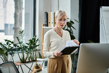Middle-aged businesswoman with short hair stands in modern office, holding binder in front of...