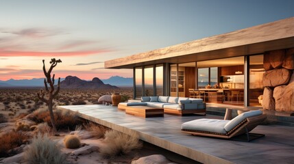 A modern desert home with a large patio and lounge area overlooking a scenic mountain landscape at sunset - Powered by Adobe