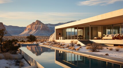 A modern desert house with a swimming pool reflecting the surrounding rocky landscape and mountains