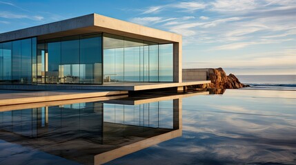 Fototapeta premium A modern glass and concrete building with a large reflecting pool in the foreground, surrounded by a rocky landscape under a blue sky