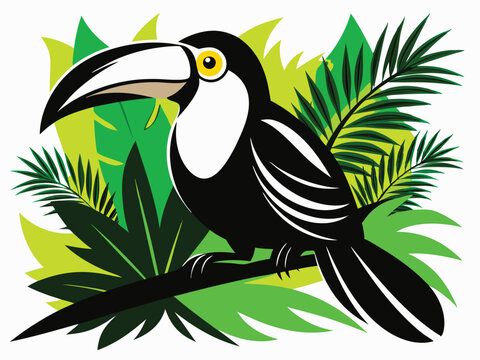black and white toucan bird sitting in jungle clip art preview