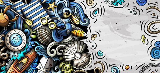 Cartoon vector doodle Marine banner design for the use on invitations, cards, apps, branding, flyers, greeting cards, postcards, web design. Funny colorful and line art background
