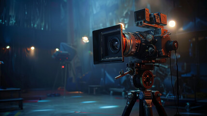 dark empty stage, lights. A movie camera is on stage, on a tripod, half computer is filled with colorful film reels,generative ai