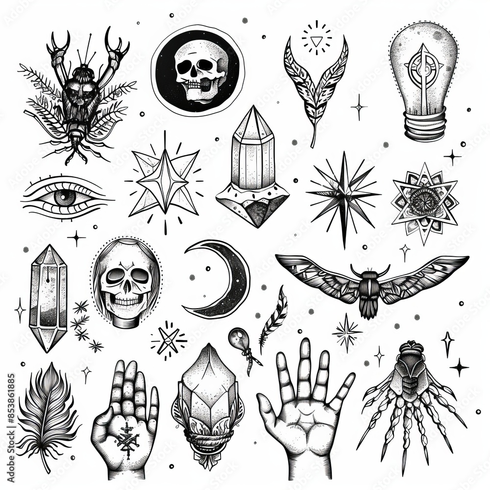 Poster the elements of a mystical magic boho style isolated on white are collected in this modern collectio