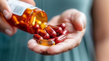 Close-up of iron supplements with a hand holding the bottle