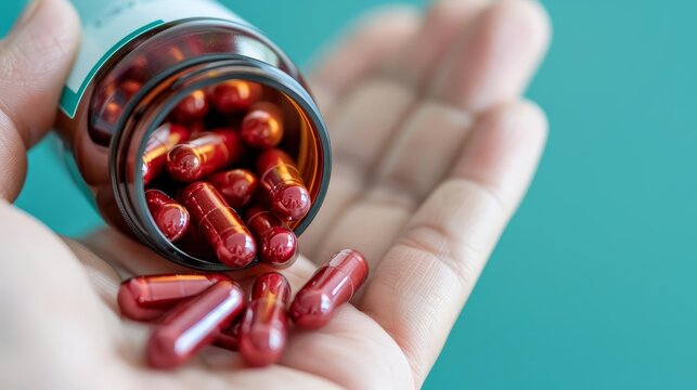 Close-up of iron supplements with a hand holding the bottle