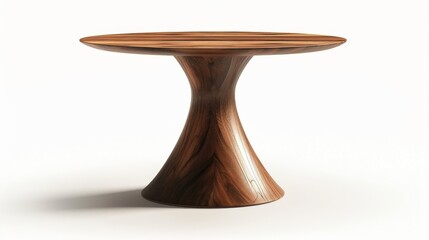 A wooden table with a round top and a tall, thin stem
