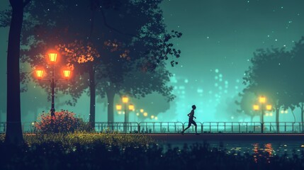 Obraz premium Ethereal evening scene of a jogger running along a park path illuminated by street lamps, against a misty city backdrop, concept of peaceful urban escapes and healthy lifestyles