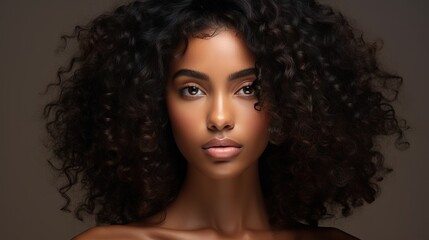 Fototapeta premium Young African American woman with dark curly hair and flawless skin