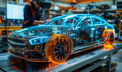 Obraz premium Automotive Engineer Using VR Headset for 3D Model Design and Optimization of Electric Car Prototype in High-Tech Workshop, Focusing on Virtual Analysis, Innovation, and Vehicle Development