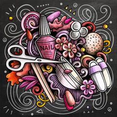 Nail Salon hand drawn vector doodles illustration. Manicure design. Beauty elements and objects cartoon background. Bright colors funny picture. All items are separated