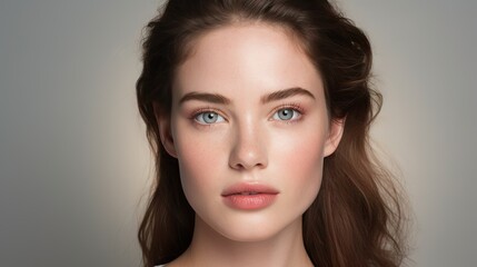 Fototapeta premium Young Caucasian Woman with Long Brown Hair, Blue Eyes, and Natural Makeup