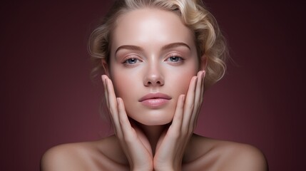 A young, fair skinned Caucasian woman with curly blonde hair and blue eyes, wearing minimal makeup and posing with her hands on her face against a dark red background