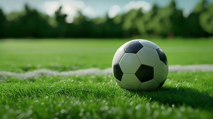Fototapeta premium Traditional soccer ball on soccer field