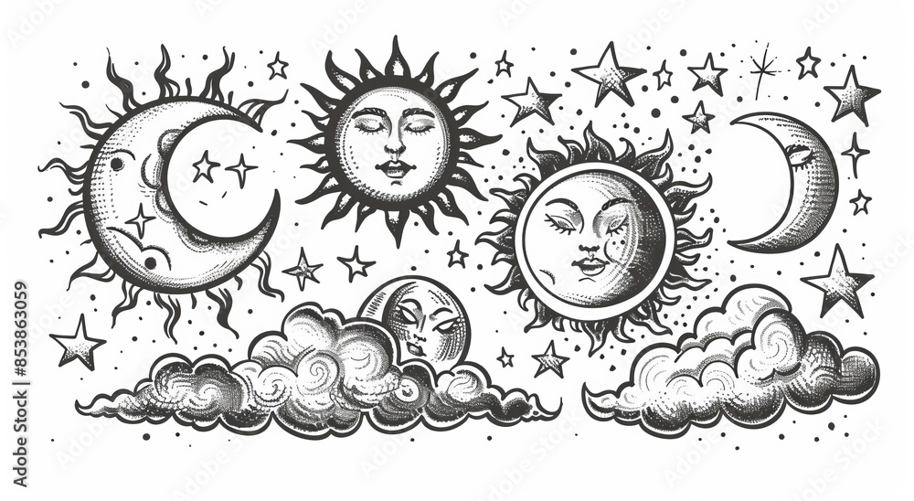 Poster sacred and mystical elements drawn by hand, such as a crescent moon with a face and clouds and the s