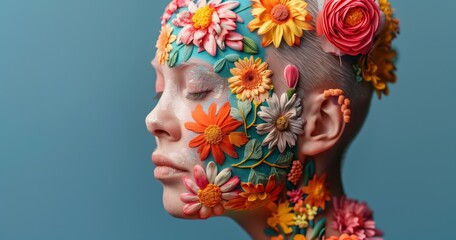 A woman with colorful painted face and covered hair. Emotional trauma healing concept.