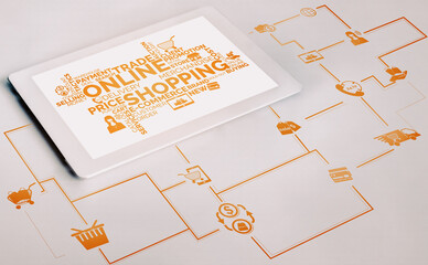Online shopping and Internet Money Payment Transaction Technology. Modern graphic interface showing...