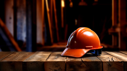 Orange Hard Hat on a Wooden Surface with Dark Background
