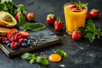Glass of orange juice and fruits on cutting board