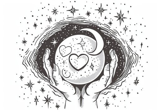 recommend clip art: With a crystal ball in line art magic, the fortune-teller predicts love.