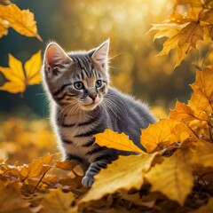 Obraz premium Cute little kitten on autumn leaves background. Animal in nature.