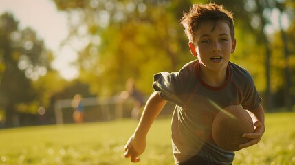 boy 12s player runs on grass in park to the ball, team game, children's activity