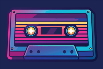 Obraz premium audio cassettes in a retro-futuristic style. The lattice pattern background and neon lights in the corners enhance the retro and nostalgic atmosphere.