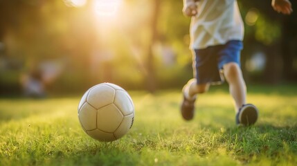 Obraz premium boy 12s player runs on grass in park to the ball, team game, children's activity