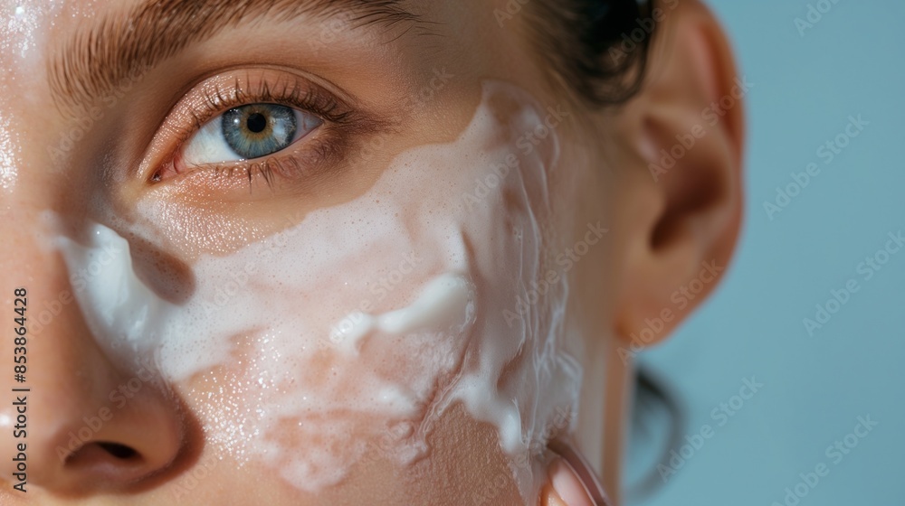 Wall mural Young woman applying face cream or facial mask at her face. Beauty model with perfect fresh skin. Spa and Wellness