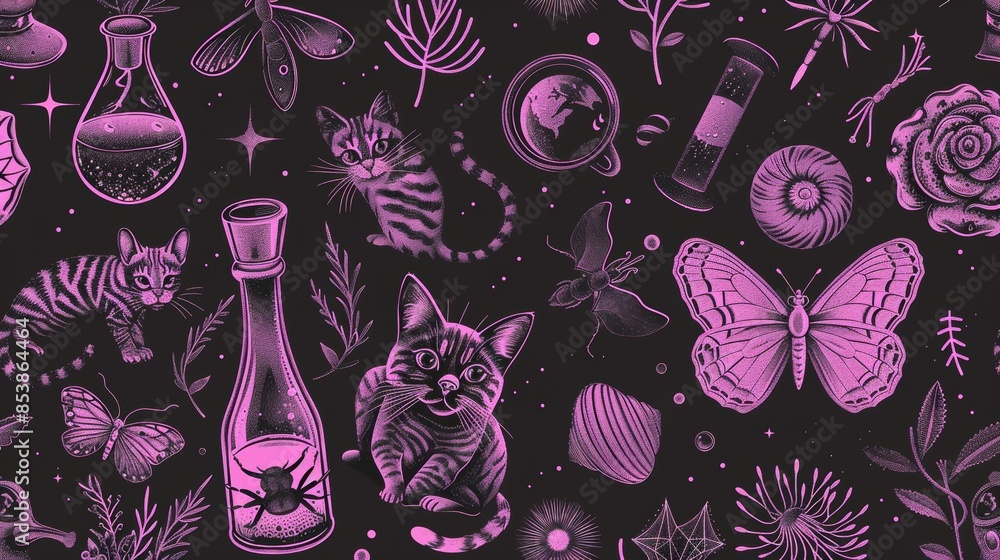 Poster seamless pattern with potion alchemy symbols. halloween symbols. alix elixir flask and bottle. occul