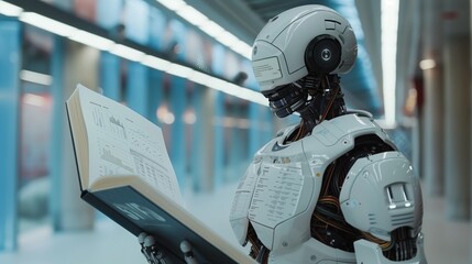 A humanoid robot is holding an open book with data charts on it