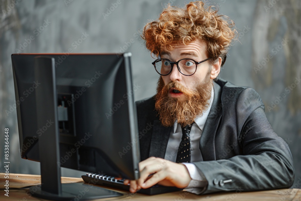 Poster bearded man using computer