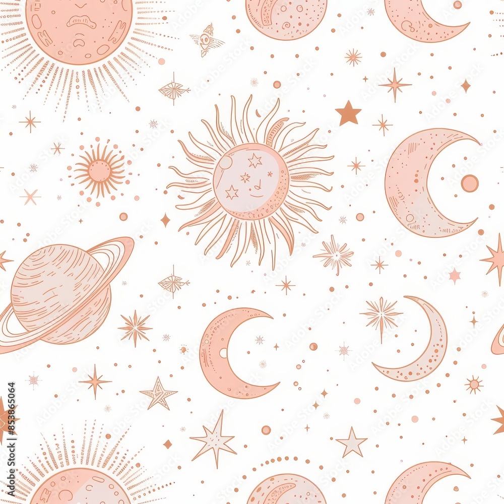Poster a seamless pattern with astrology and space concept. minimalistic objects in one-line style. editabl