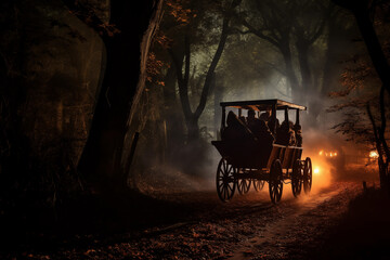 Haunted hayride ghostly figures through dark forest. Generative AI
