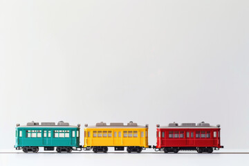 Three toy trains are lined up on a white background