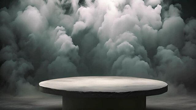 Podium black dark smoke background product platform abstract stage texture fog spotlight. Dark black floor podium dramatic empty night room table concrete wall scene place display studio smoky