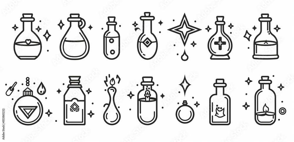 Poster the magic elixir icons set outline modern. the potion glass. the flask game asset.