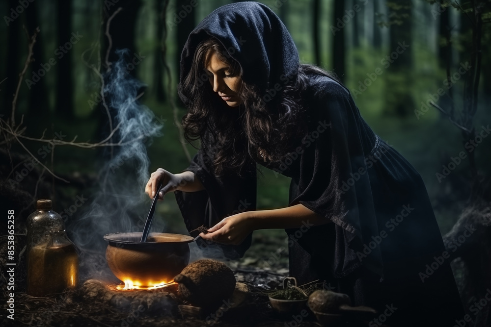 Wall mural halloween witch making witchcraft potion in enchanted forest. generative ai - Wall murals