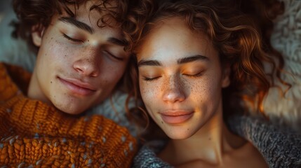 Obraz premium A person who feels relaxed and satisfied while cuddling with a loved one.