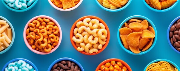 Colorful assorted snacks and cereals in vibrant bowls on a blue background, arranged in a visually appealing pattern.