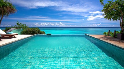 turquoise water of a perfect luxury pool, tranquil ambiance, upscale architecture