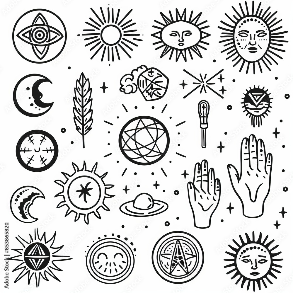 Wall mural set of esoteric symbols, alchemy and witchcraft modern art of icons and symbols of sun, moon, crysta